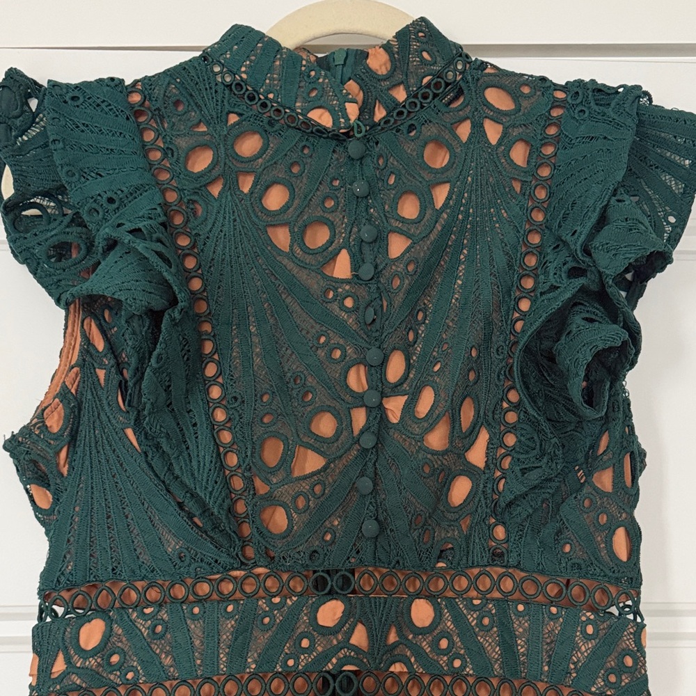 Women's Emerald Green Lace High-Neck Ruffle Sleeve Dress